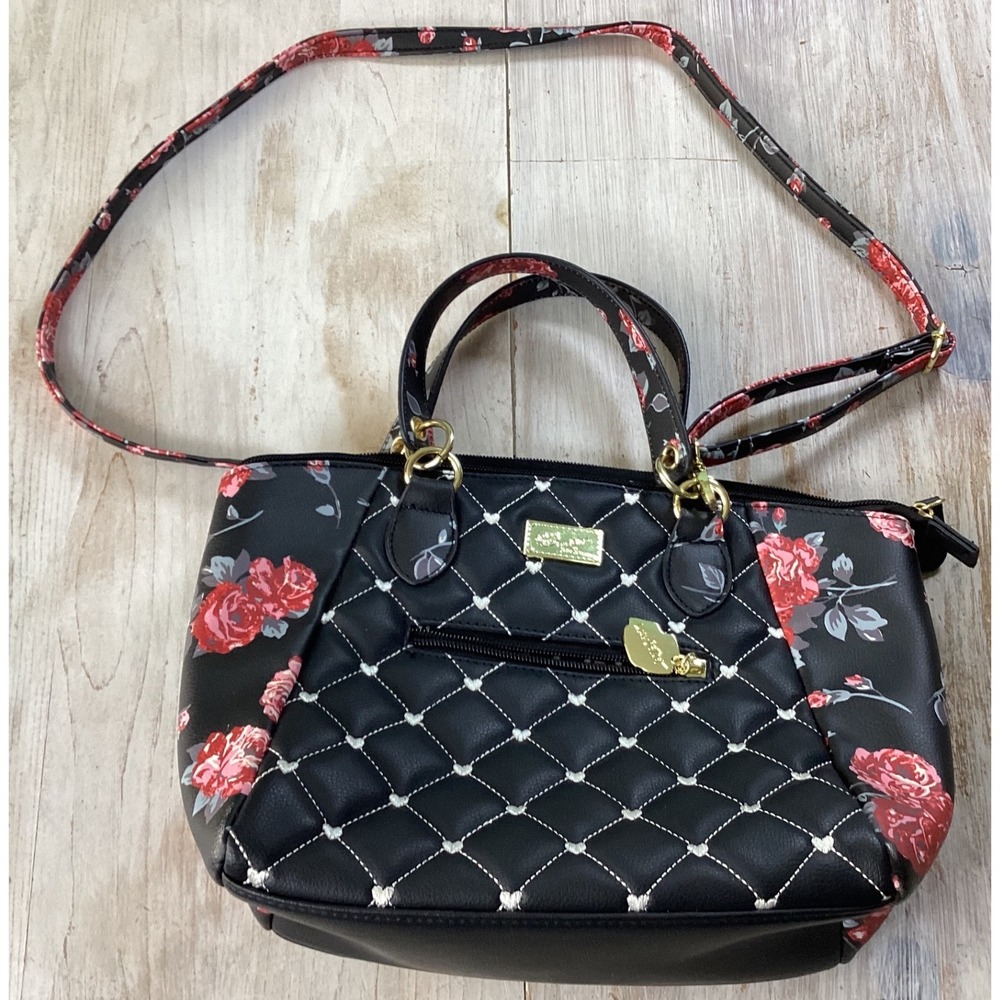 Betsey Johnson Rose Floral Quilted Satchel Handbag Black Pink Gold